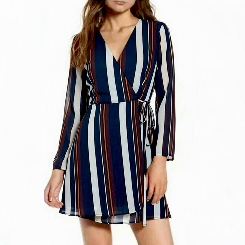 LUSH Long Sleeve Striped Elly Wrap Dress Size Medium Teal Plum Nordstrom [M]